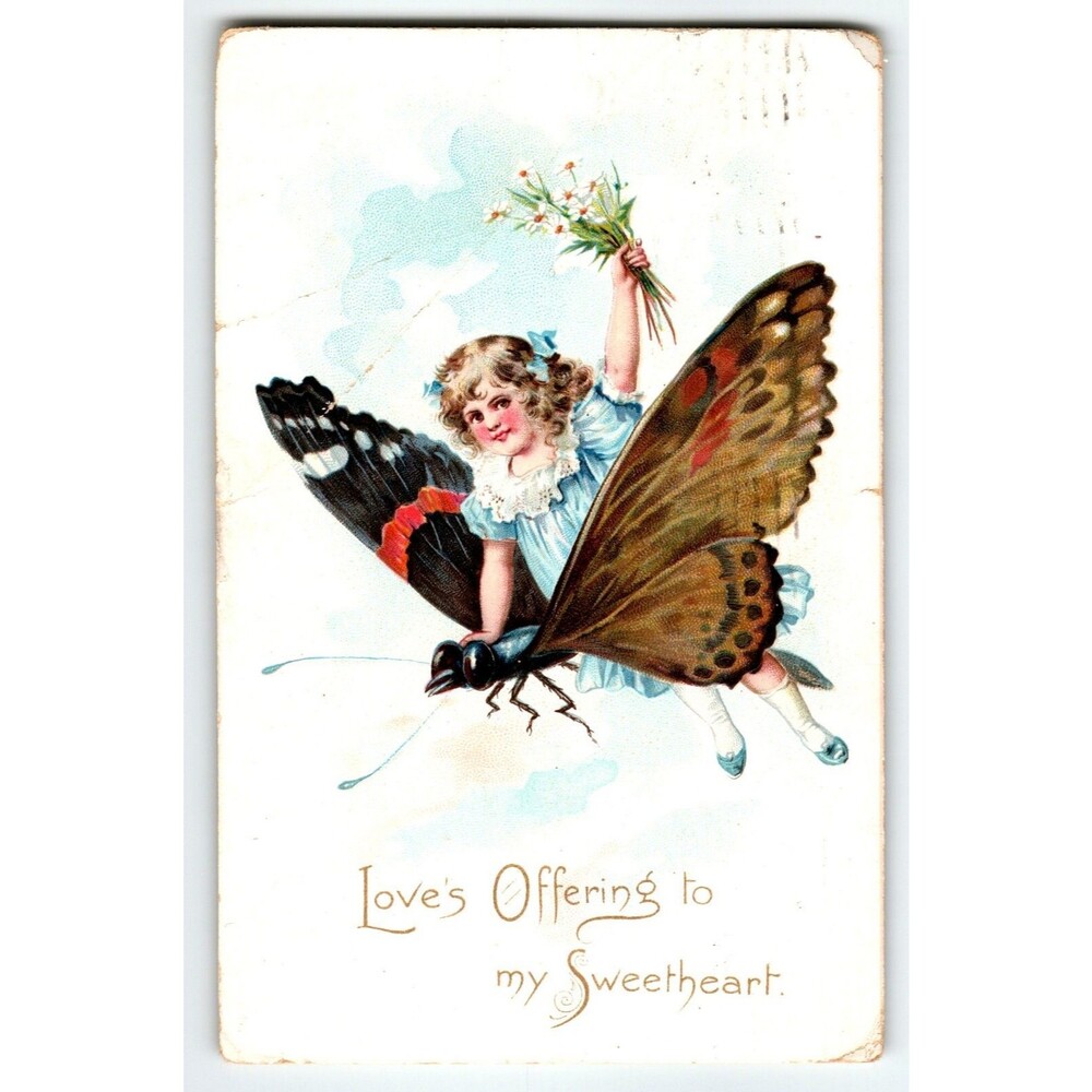 Valentines Day Postcard Tuck Anthropomorphic Girl Flying On Butterfly Fantasy